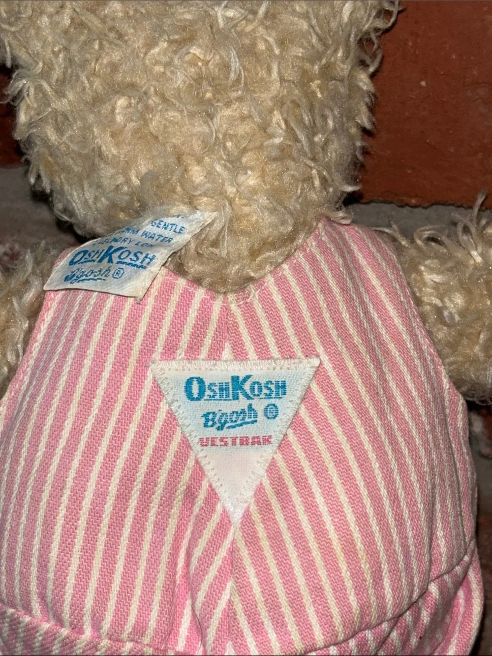 Vintage OshKosh B'gosh 11” Bear Pink & White Striped Overalls